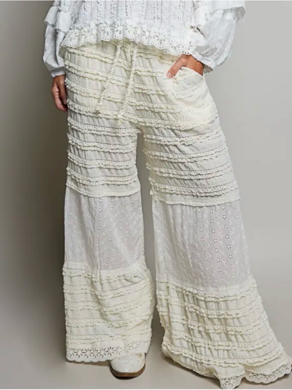 NEW POL : “The Marlana”Boho Lace Tiered Wide-Leg Pants - Cream